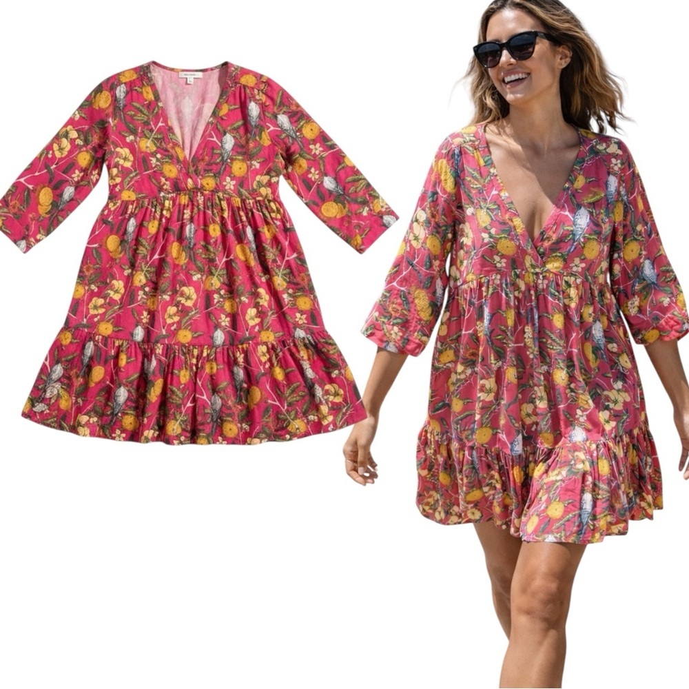 Roller Rabbit Euro Summer Floral Bird Print Tiered Babydoll Dress Small